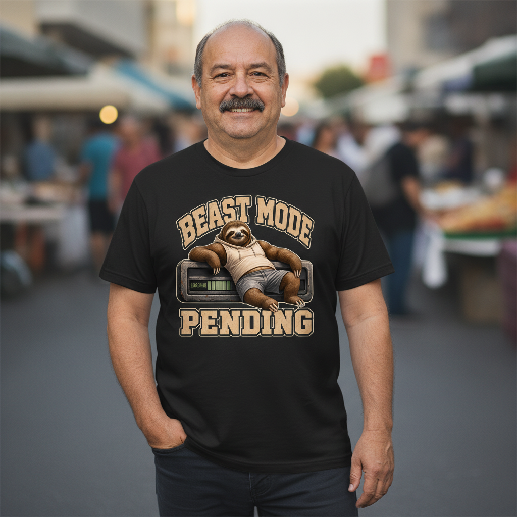 Slow Gains Club "Beast Mode: Pending" t-shirt with chubby muscular three-toed sloth mascot