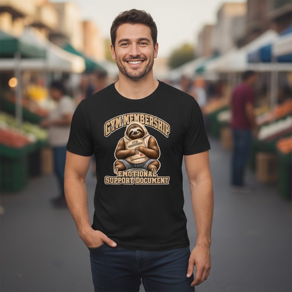 Slow Gains Club t-shirt reading "Gym Membership: Emotional Support Document" with the chubby three-toed sloth mascot