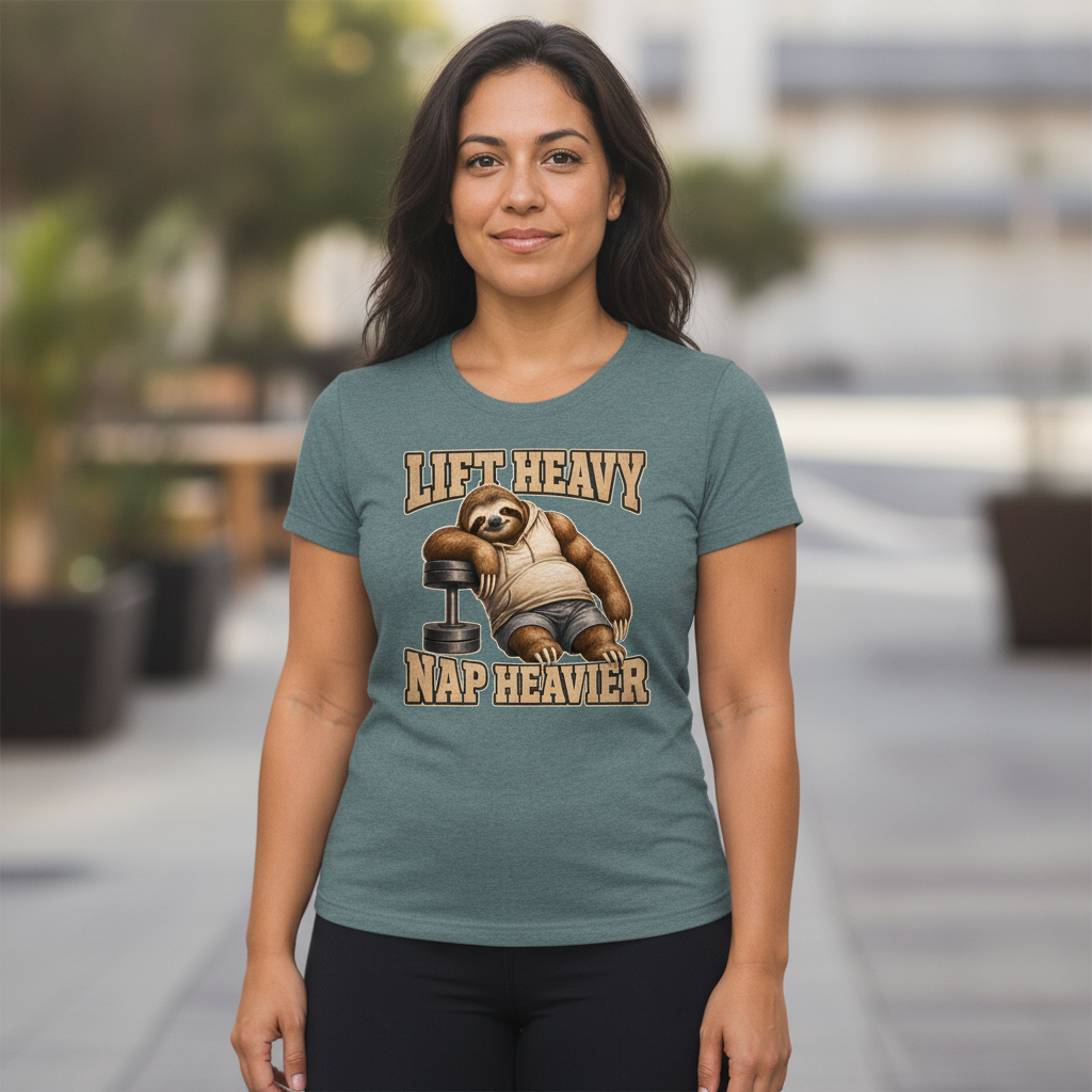 Slow Gains Club "Lift Heavy, Nap Heavier" t-shirt with a chubby muscular three-toed sloth mascot