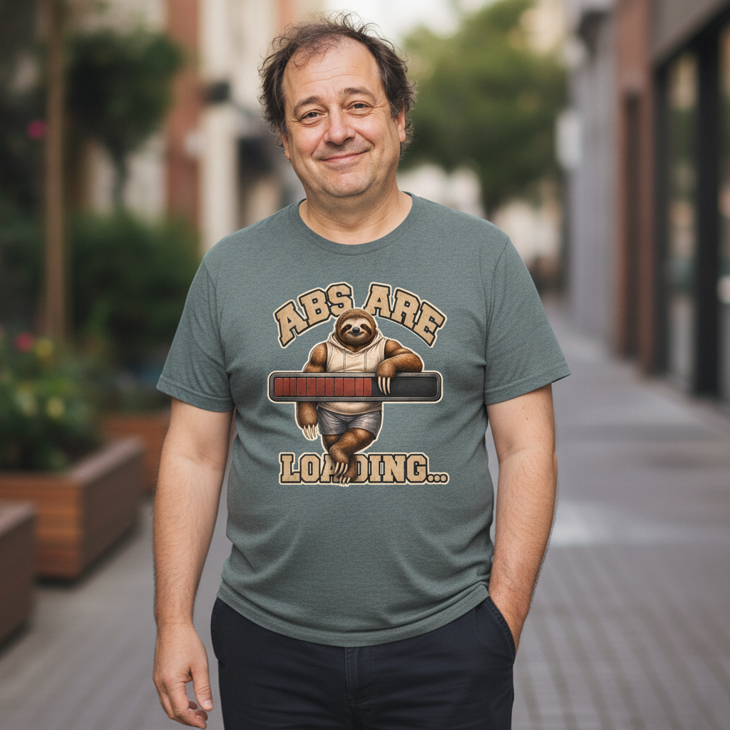 Slow Gains Club chubby three-toed sloth mascot on an "Abs Are Loading…" gym t-shirt