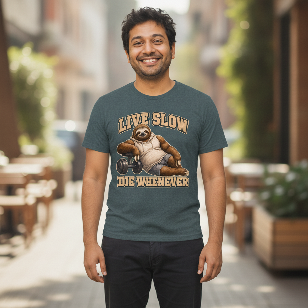 "Live Slow, Die Whenever" Slow Gains Club t-shirt featuring a chubby muscular three-toed sloth mascot