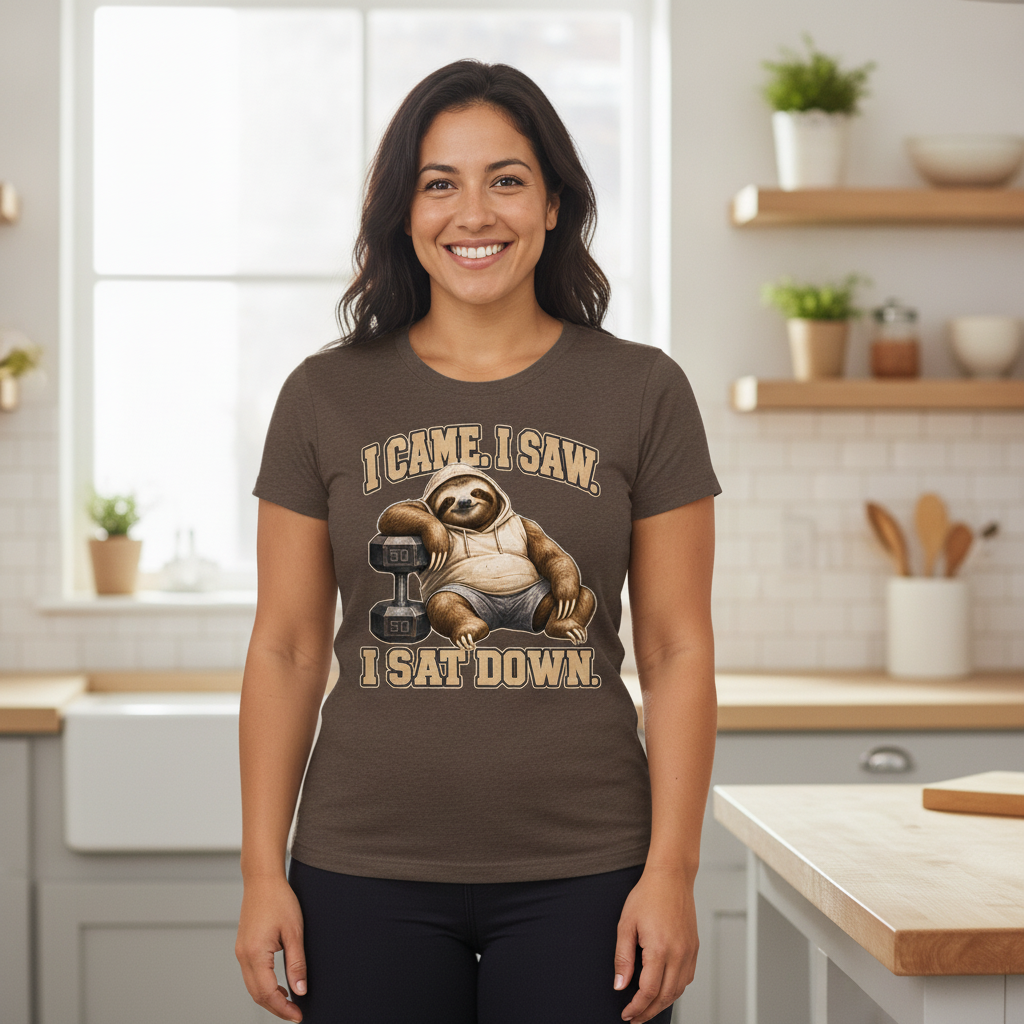 Slow Gains Club I Came I Saw I Sat Down t-shirt featuring the chubby muscular three-toed sloth mascot sitting down