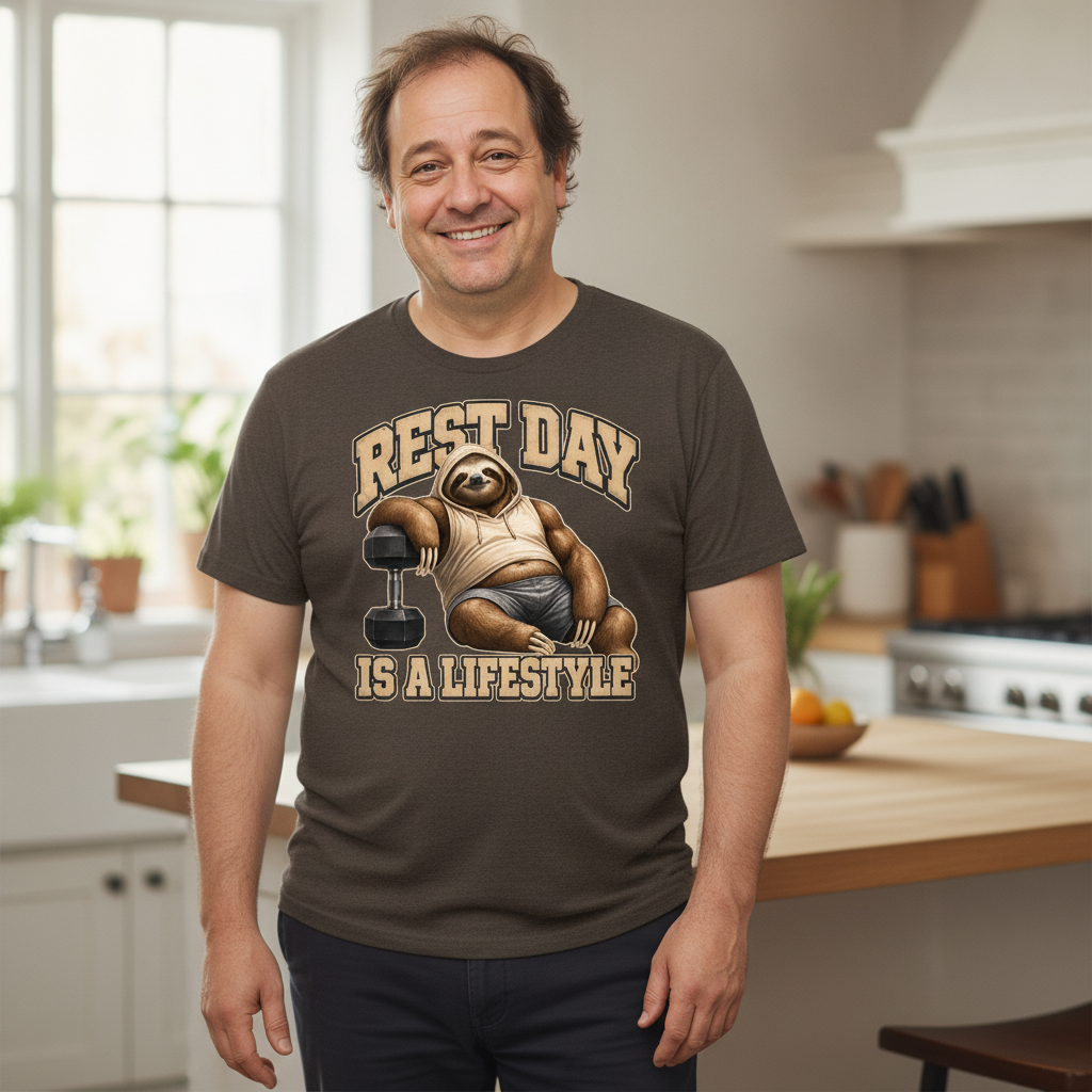 Slow Gains Club "Rest Day Is a Lifestyle" T-shirt featuring a chubby muscular three-toed sloth mascot
