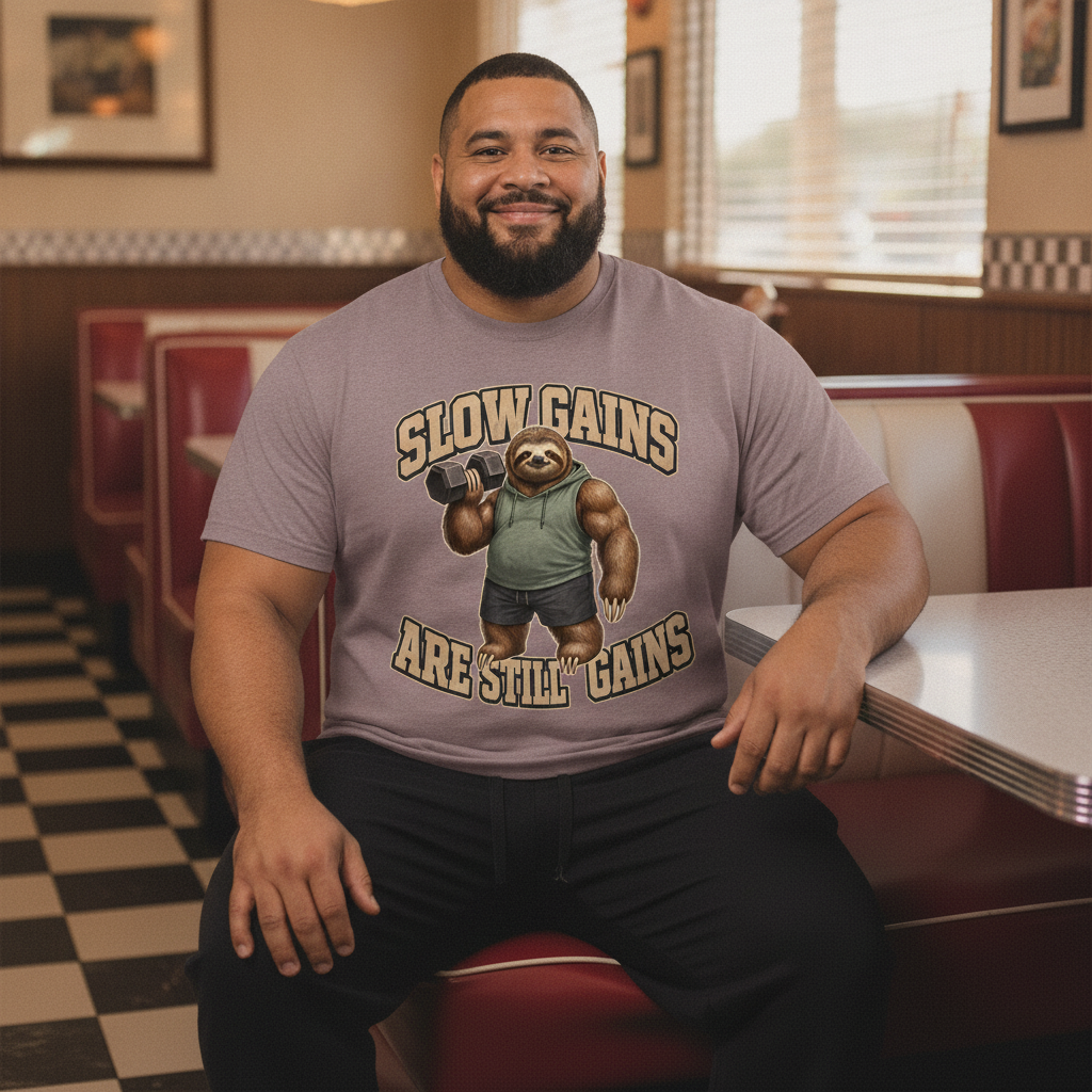 Slow Gains Club t-shirt reading "Slow Gains Are Still Gains" with the chubby muscular three-toed sloth mascot