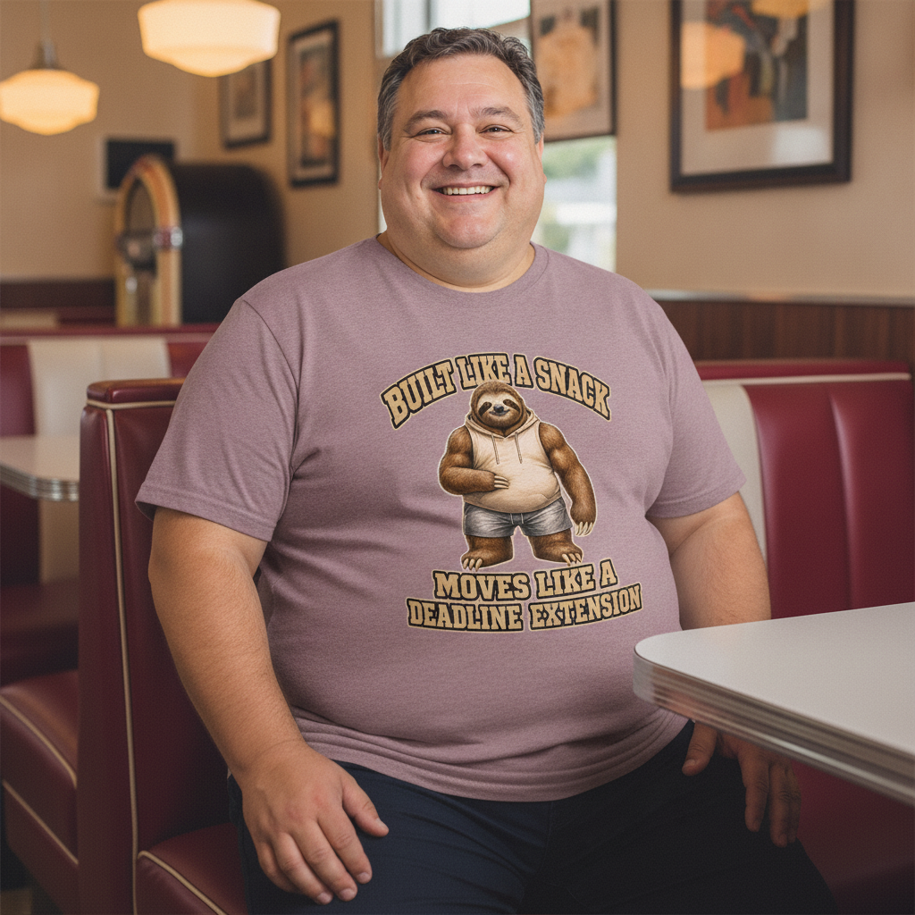 Slow Gains Club t-shirt reading "Built Like a Snack — Deadline Extended" with the chubby muscular three-toed sloth mascot
