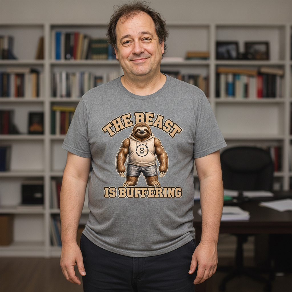Slow Gains Club "The Beast Is Buffering" t-shirt featuring a chubby muscular three-toed sloth mascot