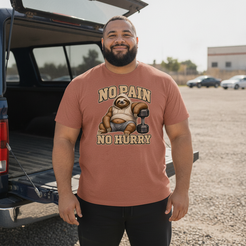 Slow Gains Club "No Pain, No Hurry" t-shirt featuring the chubby three-toed sloth mascot taking its time