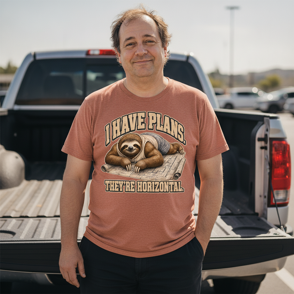 Slow Gains Club "I Have Plans, They're Horizontal" t-shirt with a chubby muscular three-toed sloth mascot lounging