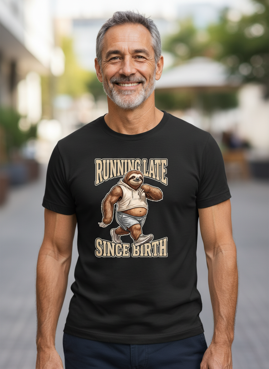 Slow Gains Club Running Late Since Birth tee, jogging sloth graphic
