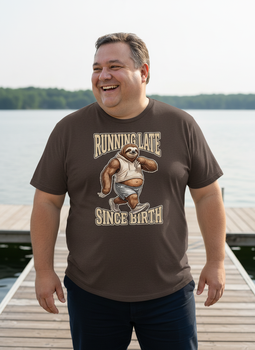 Running Late Since Birth — Heather Brown Bella+Canvas heathered gym tee
