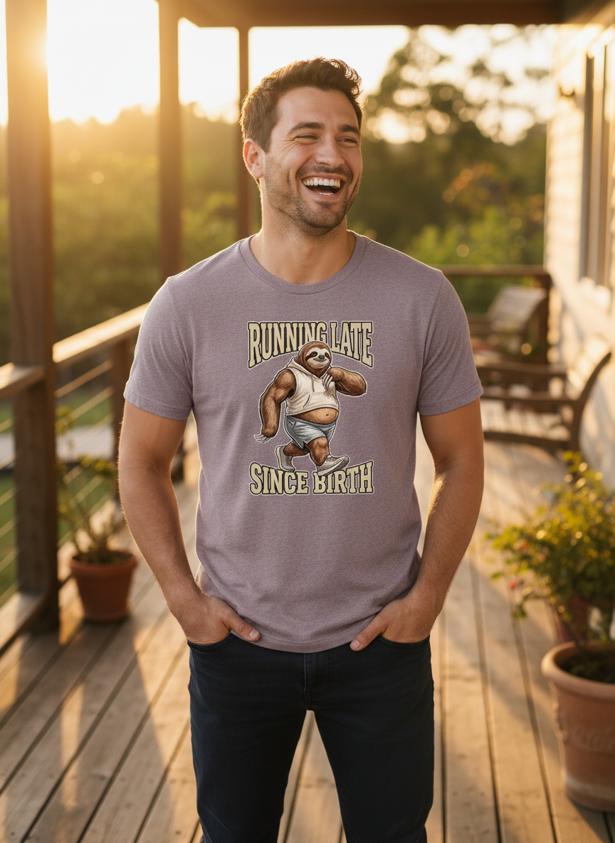 Running Late Since Birth — Heather Purple Bella+Canvas heathered gym tee