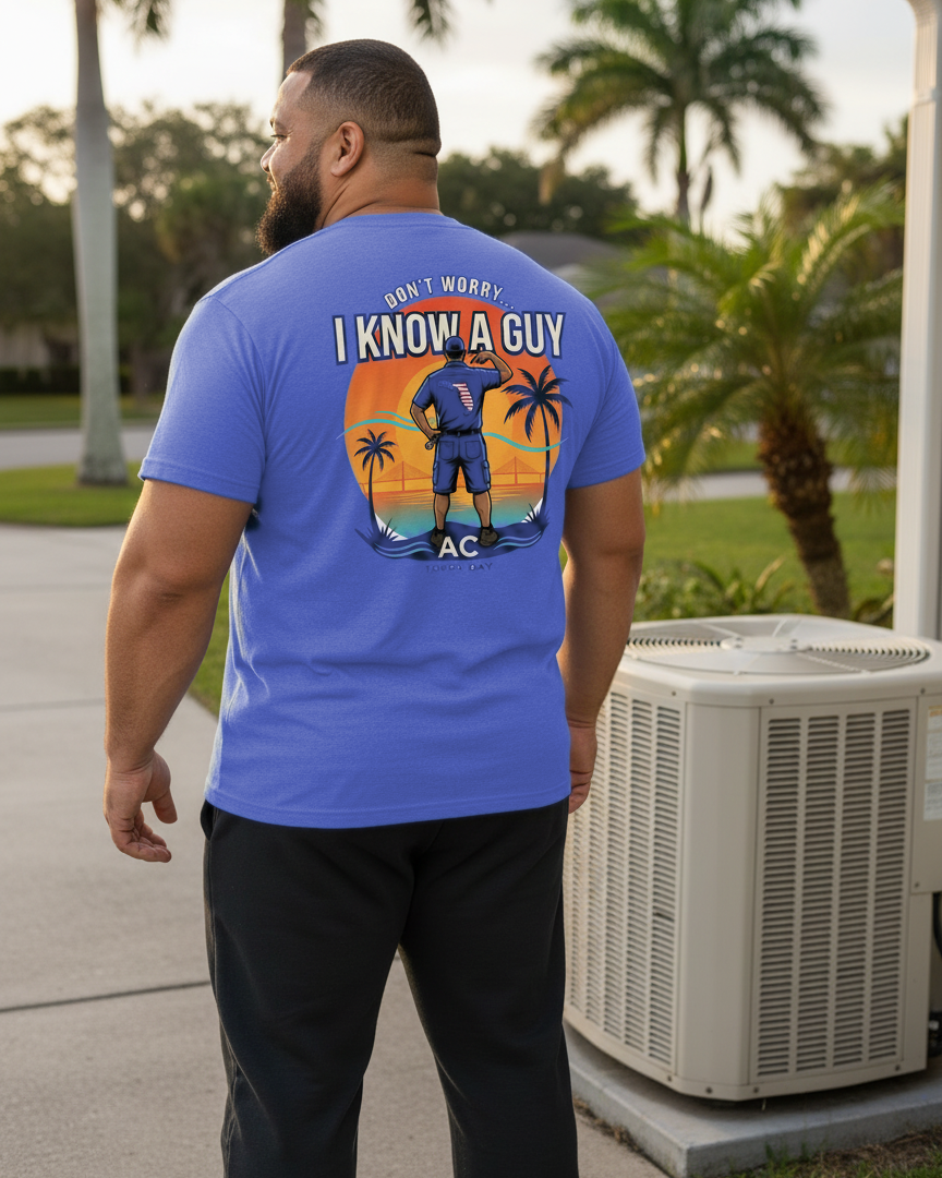 I Know A Guy AC crew tee — worn back